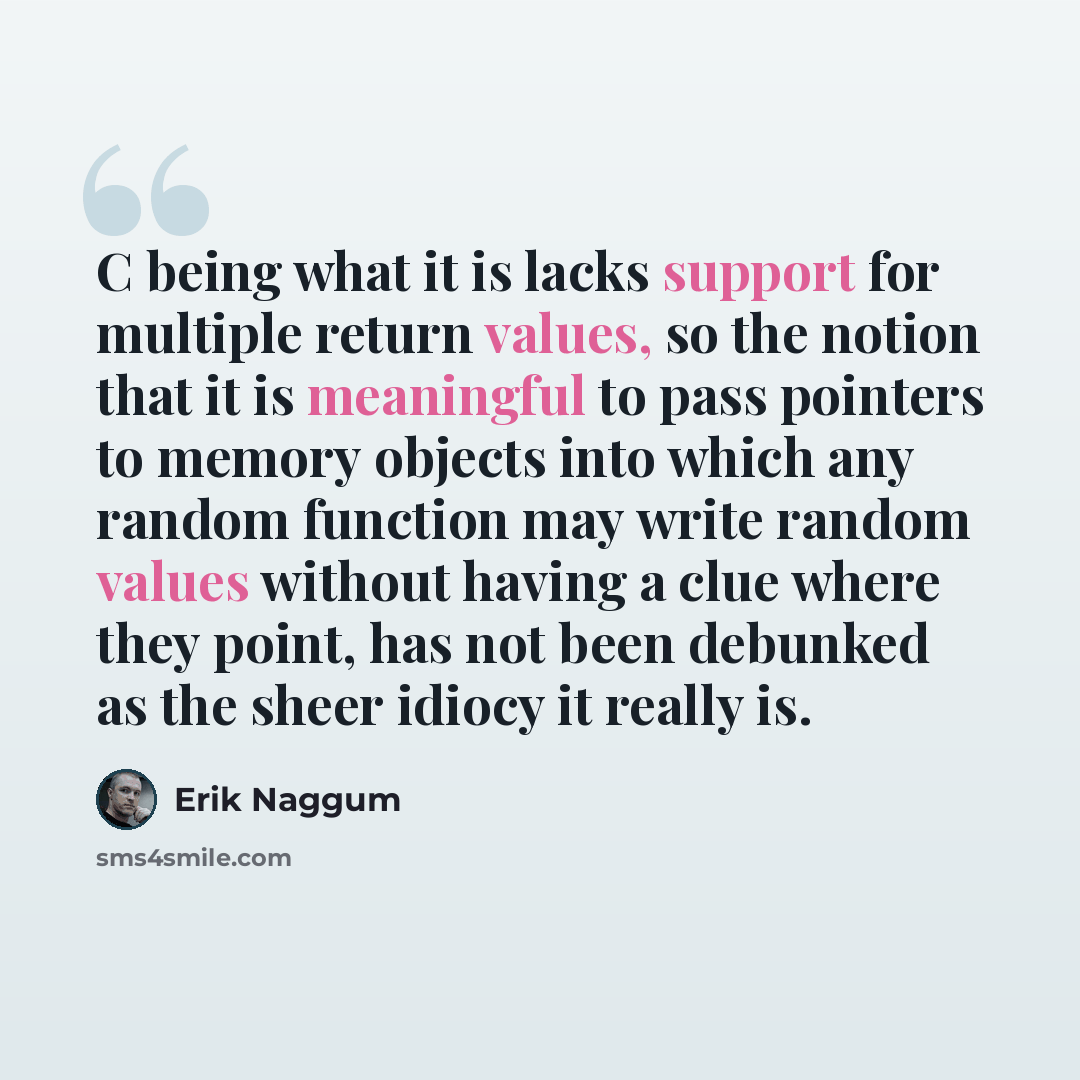 “C being what it is lacks support for multiple return values, so the notion that it is meaningful to pass pointers to memory objects into which any random function may write random values without having a clue where they point, has not been debunked as the sheer idiocy it really is.” quote by Erik Naggum