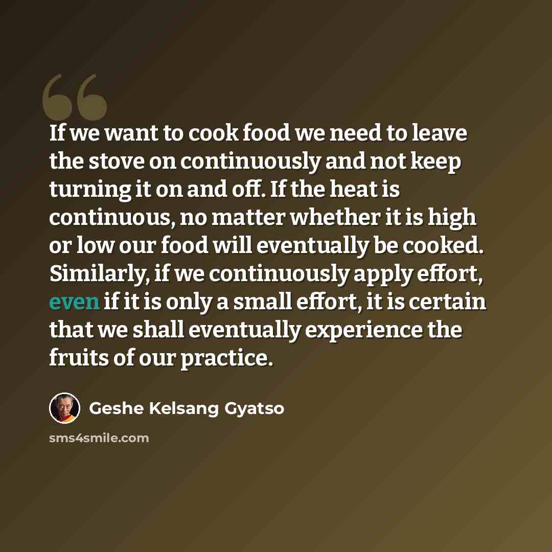 “If we want to cook food we need to leave the stove on continuously and not keep turning it on and off. If the heat is continuous, no matter whether it is high or low our food will eventually be cooked. Similarly, if we continuously apply effort, even if it is only a small effort, it is certain…” quote by Geshe Kelsang Gyatso