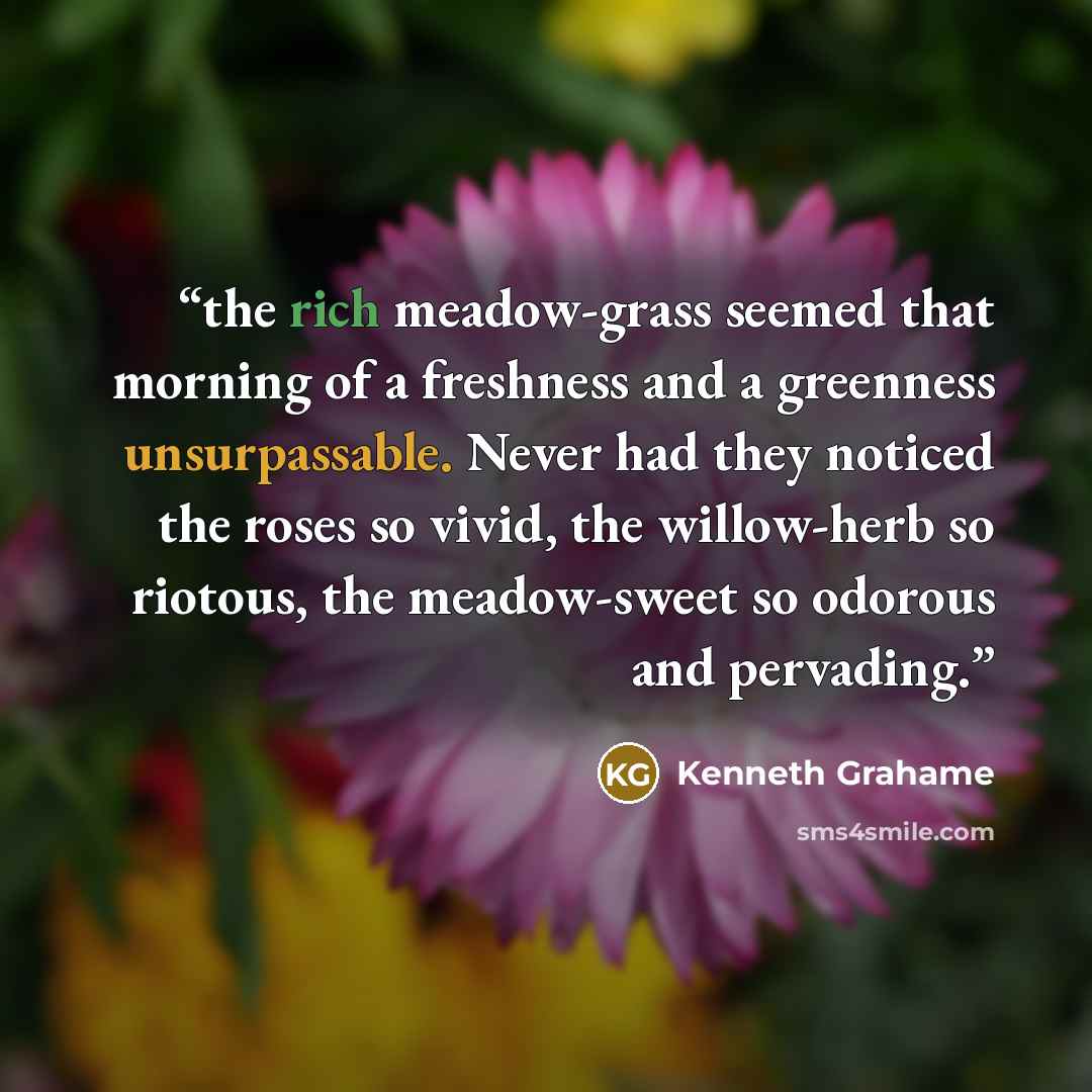 “the rich meadow-grass seemed that morning of a freshness and a greenness unsurpassable. Never had they noticed the roses so vivid, the willow-herb so riotous, the meadow-sweet so odorous and pervading.” quote by Kenneth Grahame