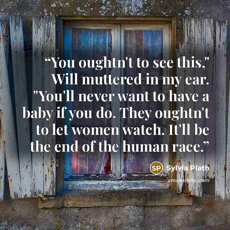 “You oughtn't to see this," Will muttered in my ear. "You'll never want to have a baby if you do. They oughtn't to let women watch. It'll be the end of the human race.” quote by Sylvia Plath