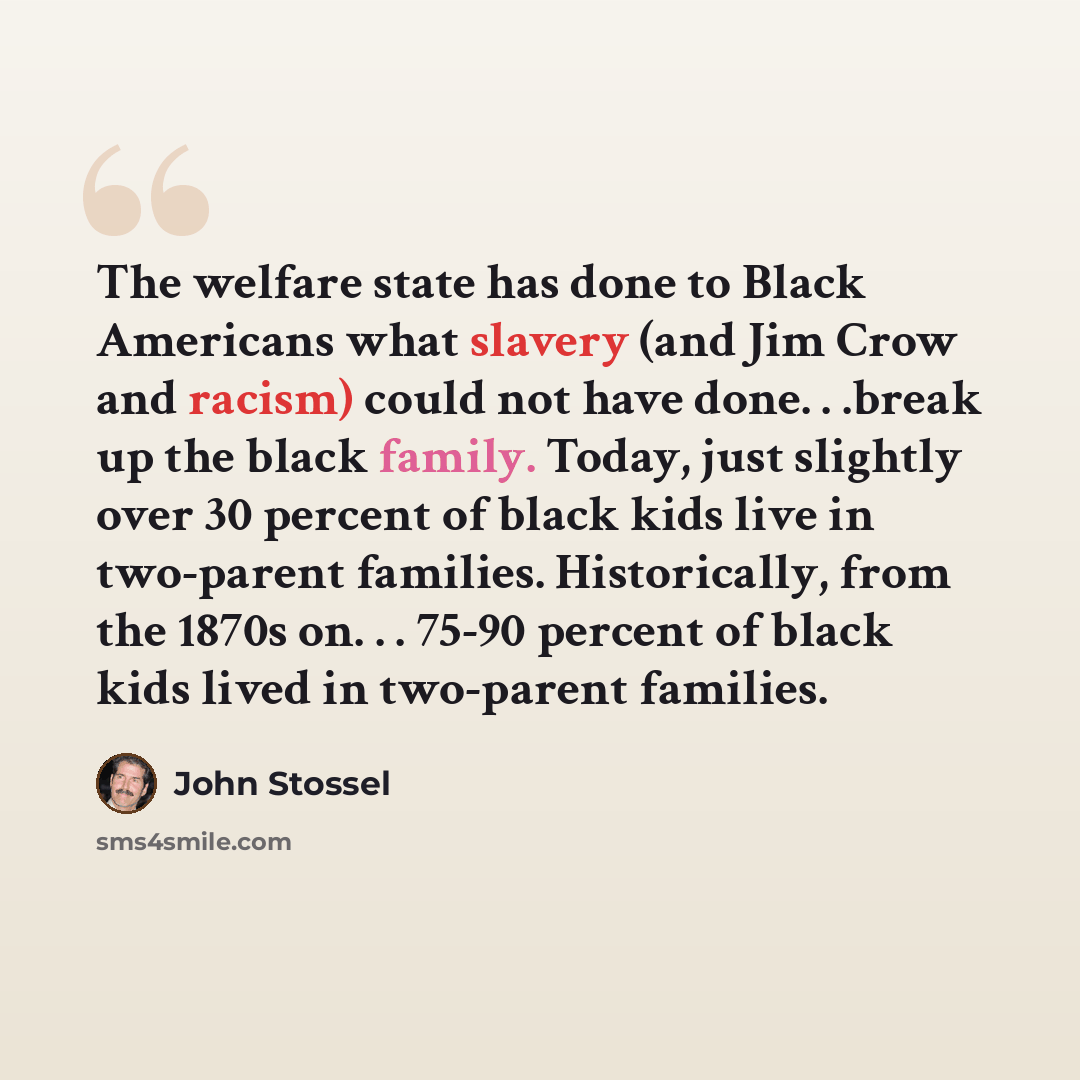 “The welfare state has done to Black Americans what slavery (and Jim Crow and racism) could not have done. . .break up the black family. Today, just slightly over 30 percent of black kids live in two-parent families. Historically, from the 1870s on. . . 75-90 percent of black kids lived in…” quote by John Stossel