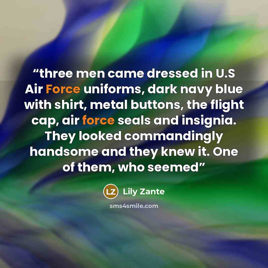 “three men came dressed in U.S Air Force uniforms, dark navy blue with shirt, metal buttons, the flight cap, air force seals and insignia. They looked commandingly handsome and they knew it. One of them, who seemed” quote by Lily Zante