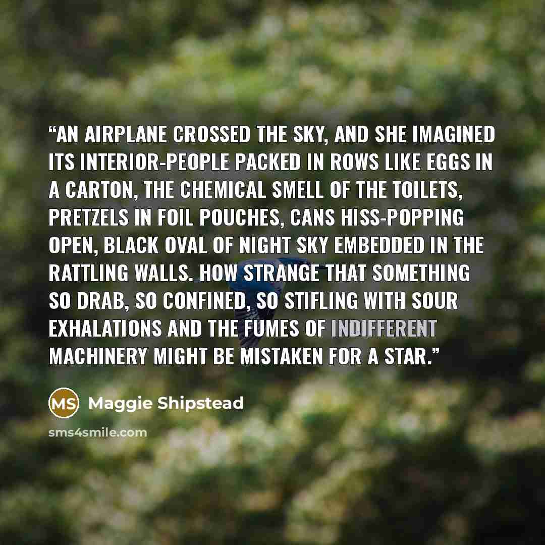 “An airplane crossed the sky, and she imagined its interior-people packed in rows like eggs in a carton, the chemical smell of the toilets, pretzels in foil pouches, cans hiss-popping open, black oval of night sky embedded in the rattling walls. How strange that something so drab, so confined, so…” quote by Maggie Shipstead