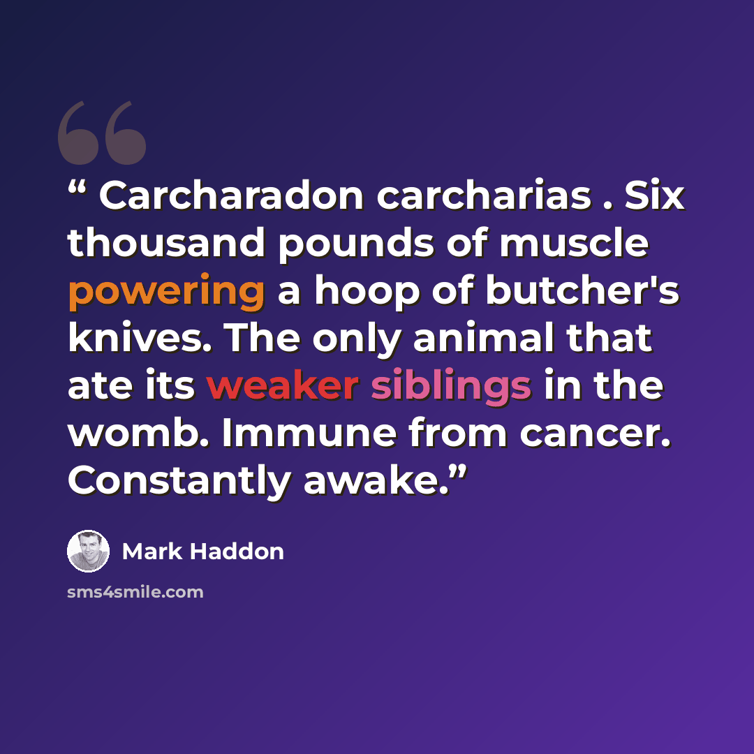 “Carcharadon carcharias . Six thousand pounds of muscle powering a hoop of butcher's knives. The only animal that ate its weaker siblings in the womb. Immune from cancer. Constantly awake.” quote by Mark Haddon