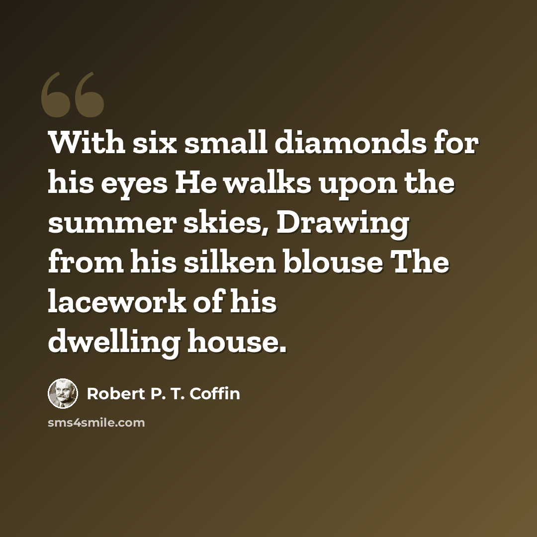 “With six small diamonds for his eyes He walks upon the summer skies, Drawing from his silken blouse The lacework of his dwelling house.” quote by Robert P. T. Coffin