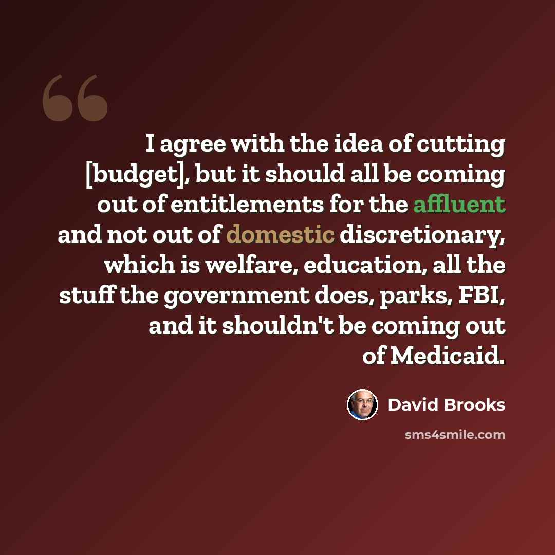 “I agree with the idea of cutting [budget], but it should all be coming out of entitlements for the affluent and not out of domestic discretionary, which is welfare, education, all the stuff the government does, parks, FBI, and it shouldn't be coming out of Medicaid.” quote by David Brooks