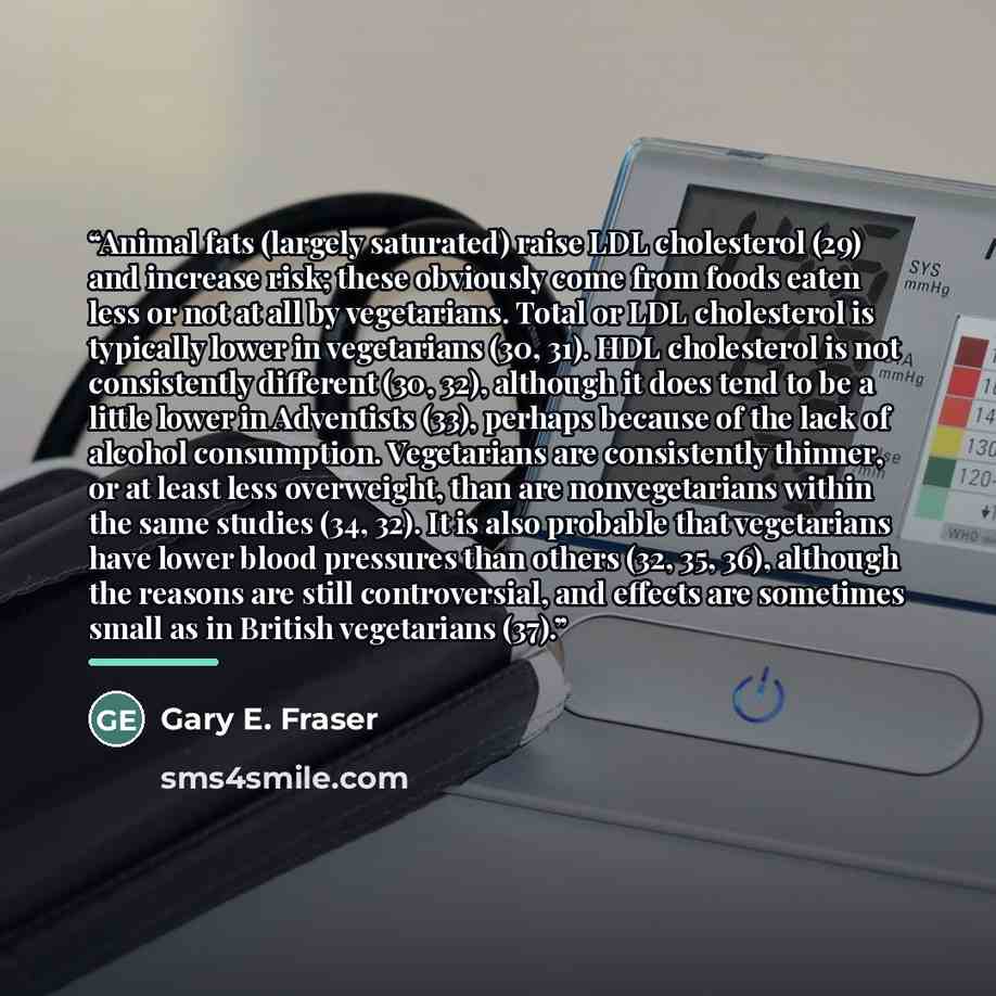“Animal fats (largely saturated) raise LDL cholesterol (29) and increase risk; these obviously come from foods eaten less or not at all by vegetarians. Total or LDL cholesterol is typically lower in vegetarians (30, 31). HDL cholesterol is not consistently different (30, 32), although it does tend…” quote by Gary E. Fraser
