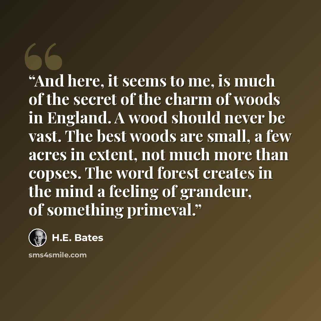 “And here, it seems to me, is much of the secret of the charm of woods in England. A wood should never be vast. The best woods are small, a few acres in extent, not much more than copses. The word forest creates in the mind a feeling of grandeur, of something primeval.” quote by H.E. Bates