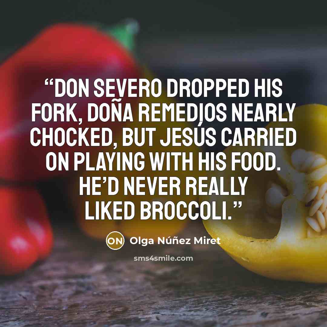 “Don Severo dropped his fork, Doña Remedios nearly chocked, but Jesús carried on playing with his food. He’d never really liked broccoli.” quote by Olga Núñez Miret