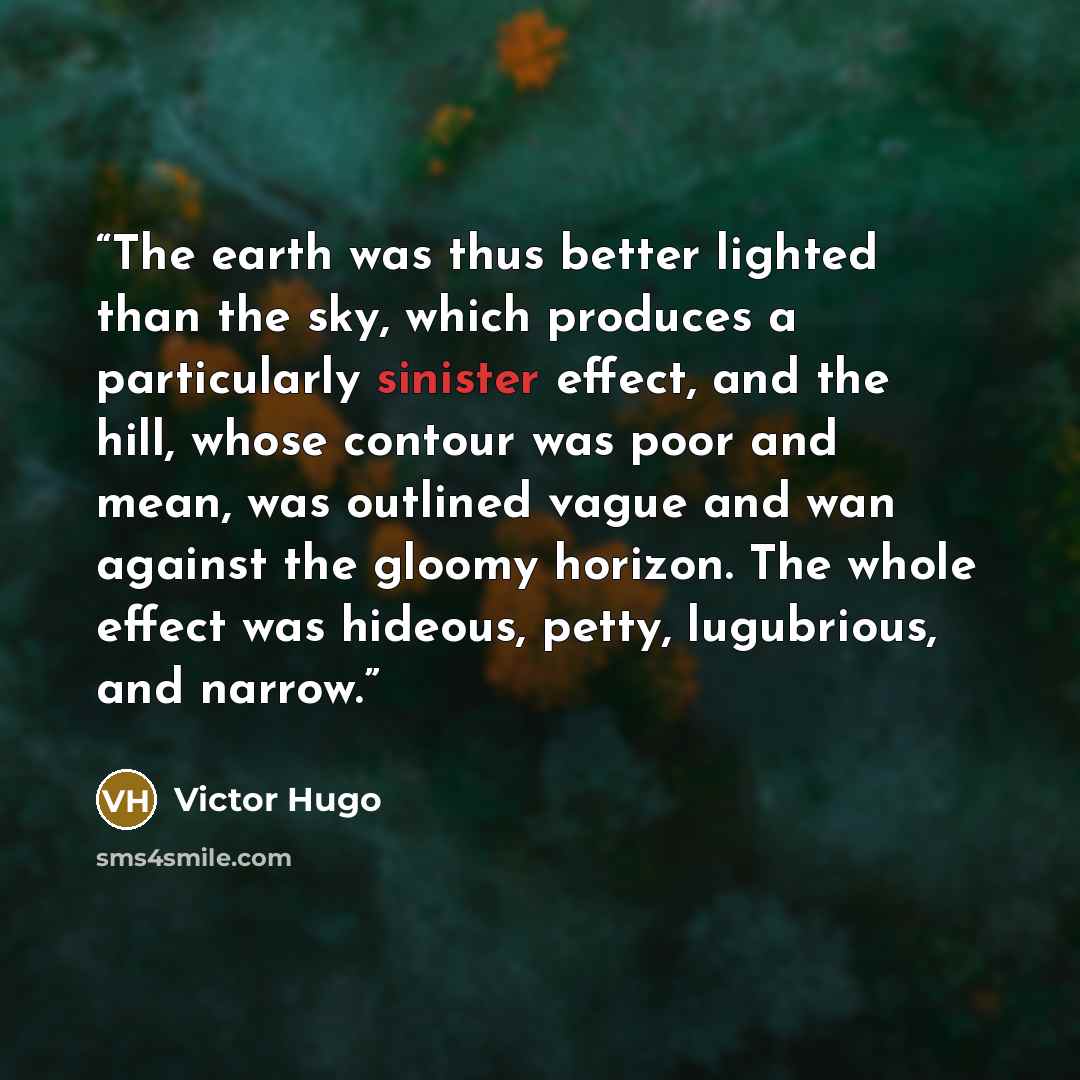 “The earth was thus better lighted than the sky, which produces a particularly sinister effect, and the hill, whose contour was poor and mean, was outlined vague and wan against the gloomy horizon. The whole effect was hideous, petty, lugubrious, and narrow.” quote by Victor Hugo