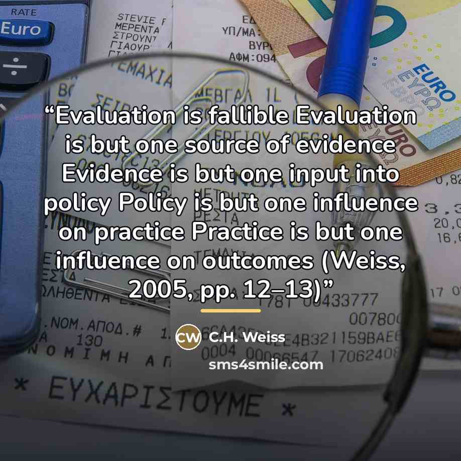 “Evaluation is fallible Evaluation is but one source of evidence Evidence is but one input into policy Policy is but one influence on practice Practice is but one influence on outcomes (Weiss, 2005, pp. 12–13)” quote by C.H. Weiss