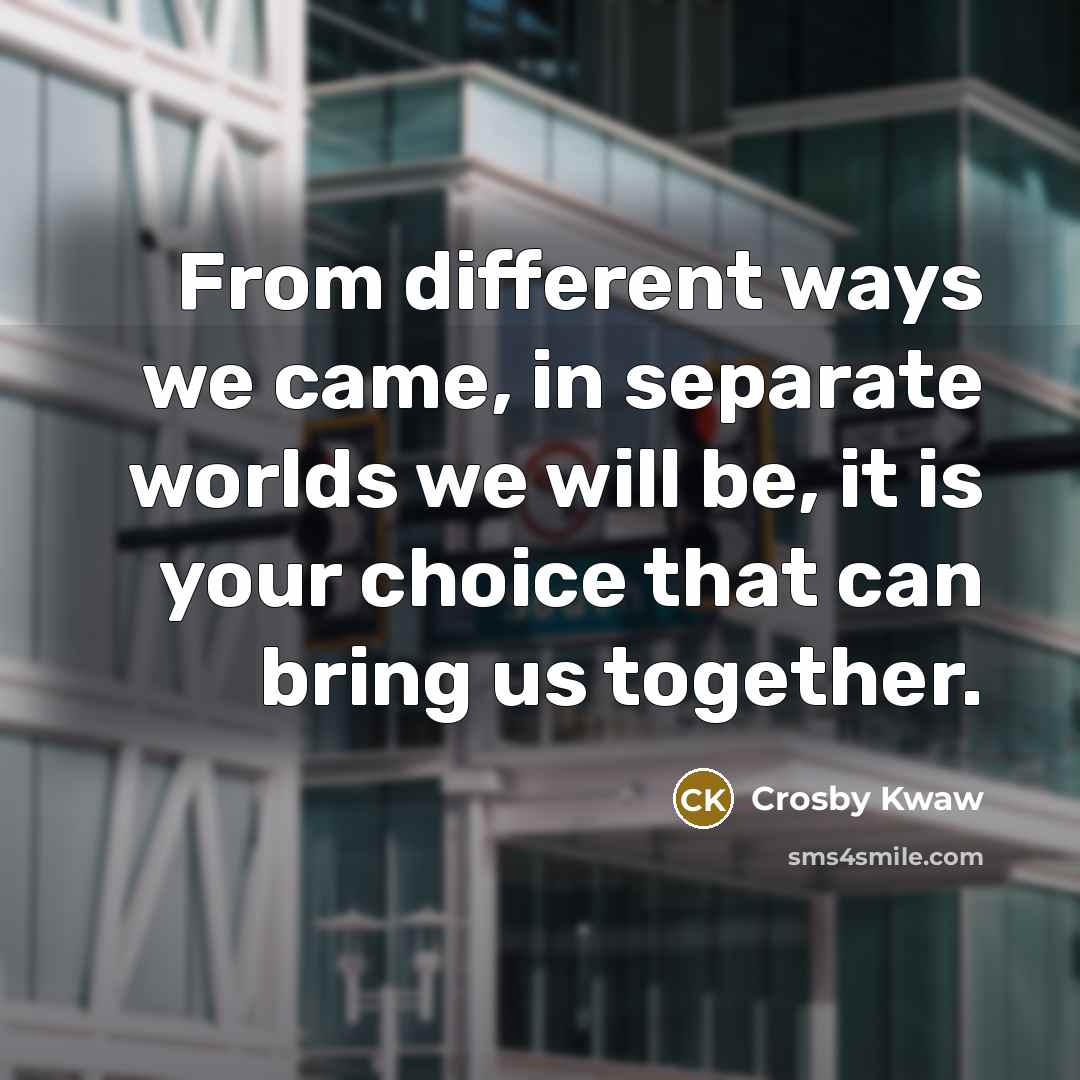 “From different ways we came, in separate worlds we will be, it is your choice that can bring us together.” quote by Crosby Kwaw