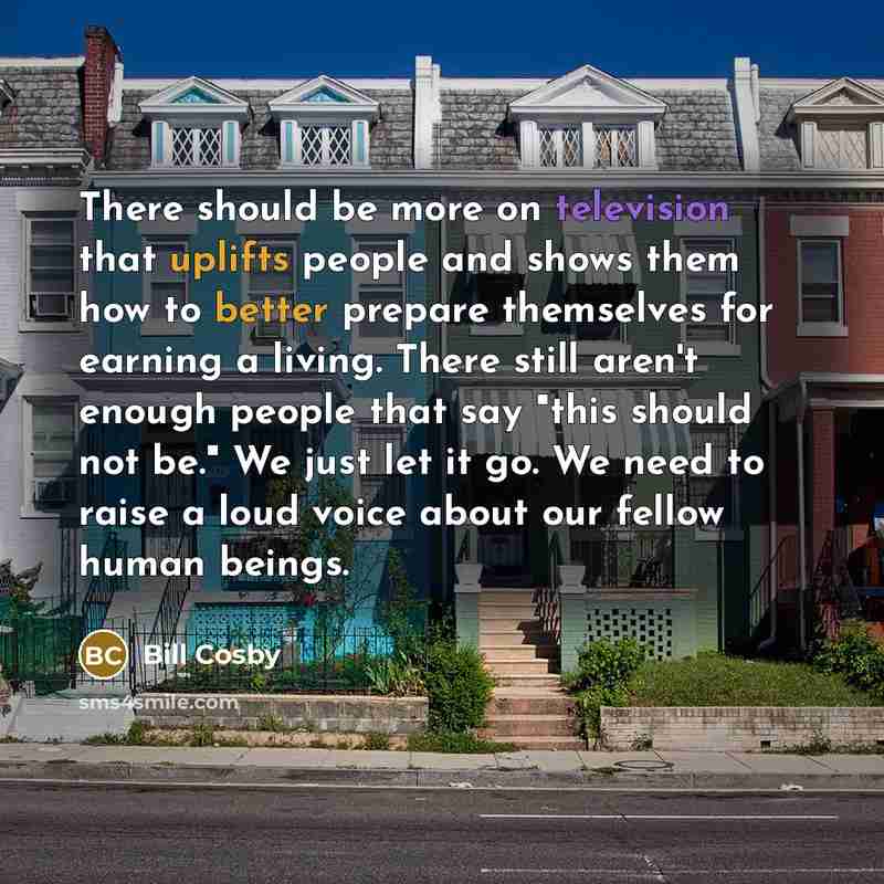 “There should be more on television that uplifts people and shows them how to better prepare themselves for earning a living. There still aren't enough people that say "this should not be." We just let it go. We need to raise a loud voice about our fellow human beings.” quote by Bill Cosby