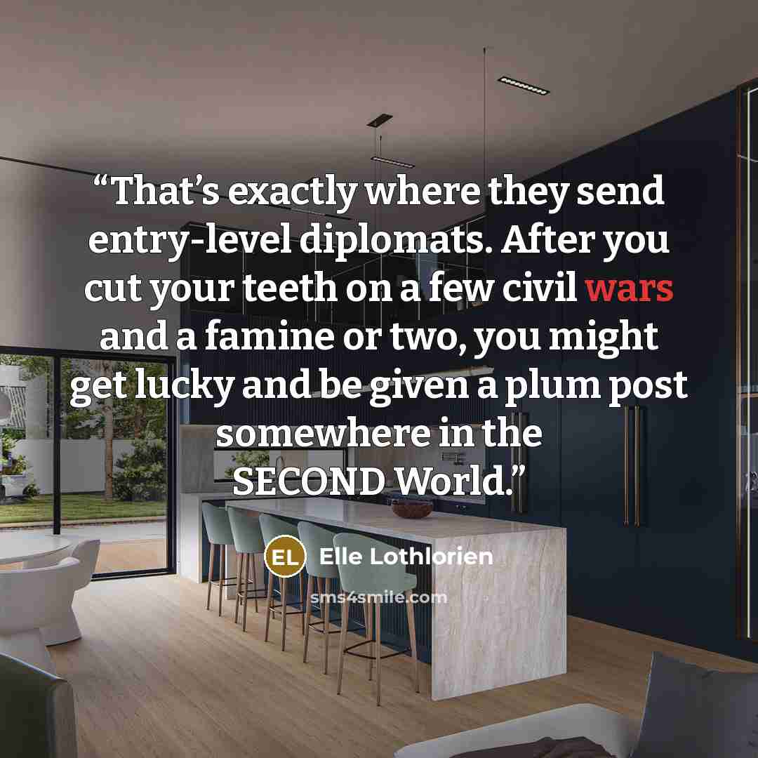 “That’s exactly where they send entry-level diplomats. After you cut your teeth on a few civil wars and a famine or two, you might get lucky and be given a plum post somewhere in the SECOND World.” quote by Elle Lothlorien