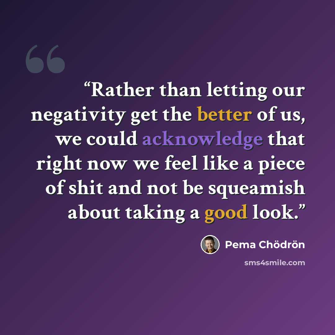 “Rather than letting our negativity get the better of us, we could acknowledge that right now we feel like a piece of shit and not be squeamish about taking a good look.” quote by Pema Chödrön