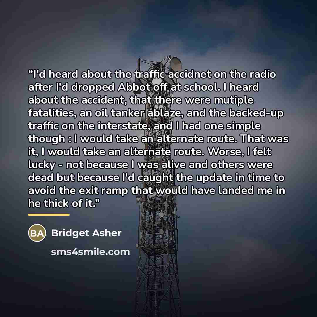 “I'd heard about the traffic accidnet on the radio after I'd dropped Abbot off at school. I heard about the accident, that there were mutiple fatalities, an oil tanker ablaze, and the backed-up traffic on the interstate, and I had one simple though : I would take an alternate route. That was it, I…” quote by Bridget Asher