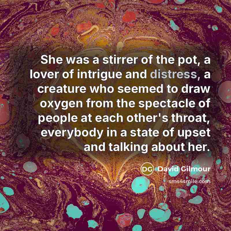 “She was a stirrer of the pot, a lover of intrigue and distress, a creature who seemed to draw oxygen from the spectacle of people at each other's throat, everybody in a state of upset and talking about her.” quote by David Gilmour