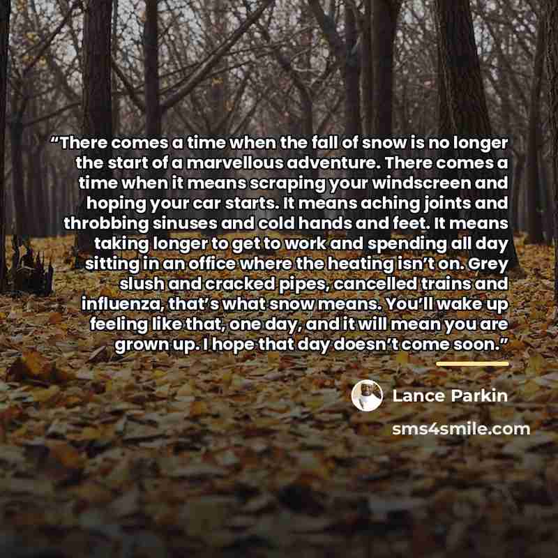 “There comes a time when the fall of snow is no longer the start of a marvellous adventure. There comes a time when it means scraping your windscreen and hoping your car starts. It means aching joints and throbbing sinuses and cold hands and feet. It means taking longer to get to work and spending…” quote by Lance Parkin