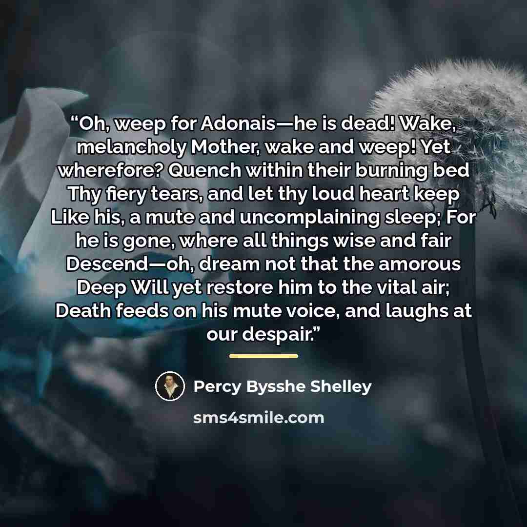 “Oh, weep for Adonais—he is dead! Wake, melancholy Mother, wake and weep! Yet wherefore? Quench within their burning bed Thy fiery tears, and let thy loud heart keep Like his, a mute and uncomplaining sleep; For he is gone, where all things wise and fair Descend—oh, dream not that the amorous Deep…” quote by Percy Bysshe Shelley