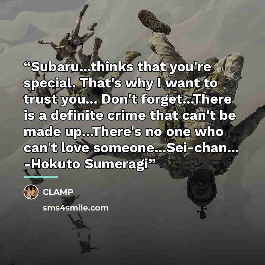 “Subaru...thinks that you're special. That's why I want to trust you... Don't forget...There is a definite crime that can't be made up...There's no one who can't love someone...Sei-chan... -Hokuto Sumeragi” quote by CLAMP