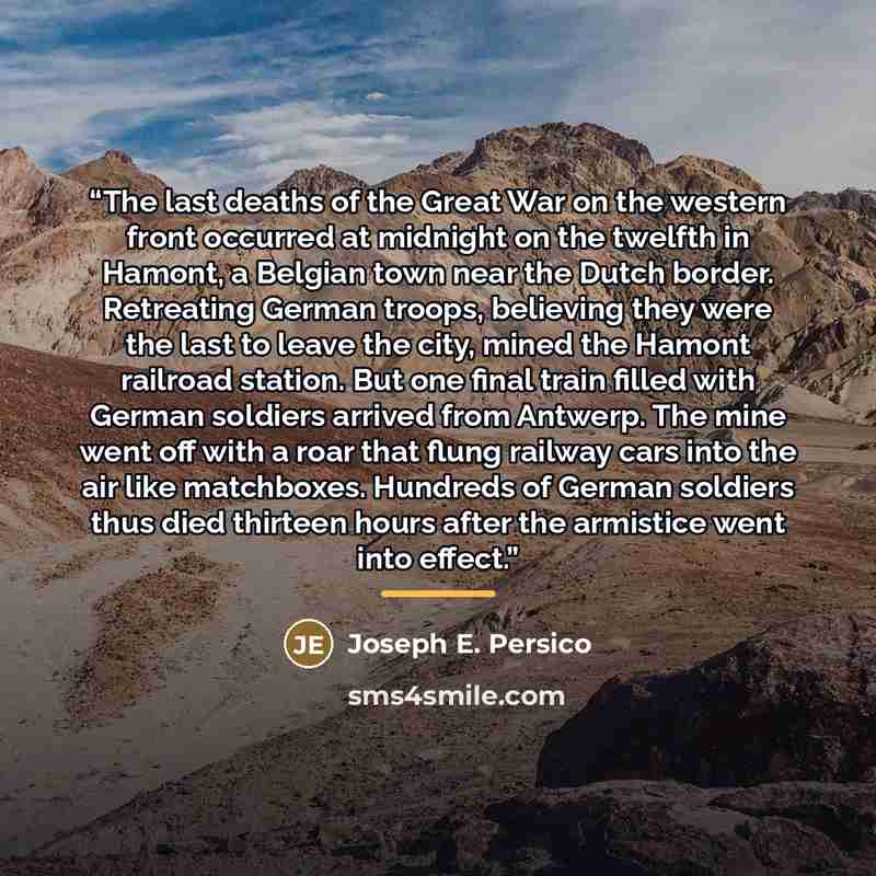 “The last deaths of the Great War on the western front occurred at midnight on the twelfth in Hamont, a Belgian town near the Dutch border. Retreating German troops, believing they were the last to leave the city, mined the Hamont railroad station. But one final train filled with German soldiers…” quote by Joseph E. Persico