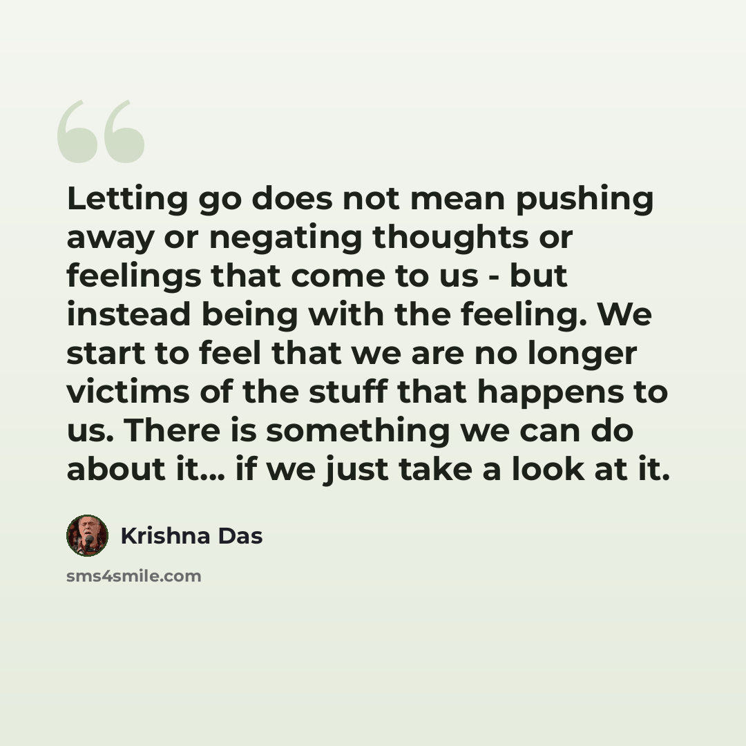 “Letting go does not mean pushing away or negating thoughts or feelings that come to us - but instead being with the feeling. We start to feel that we are no longer victims of the stuff that happens to us. There is something we can do about it... if we just take a look at it.” quote by Krishna Das