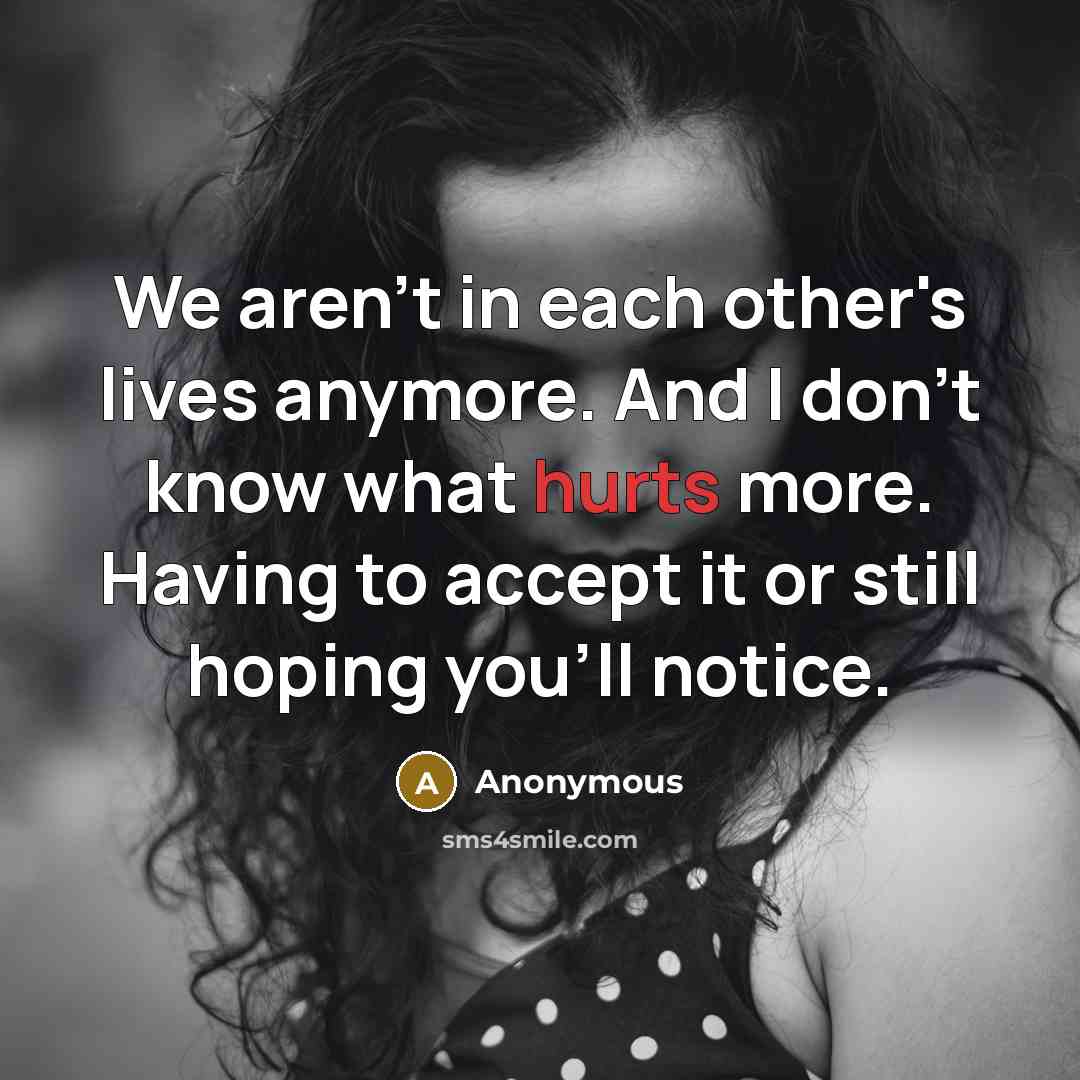 “We aren't in each other's lives anymore. And I don't know what hurts more. Having to accept it or still hoping you'll notice.” quote by Anonymous