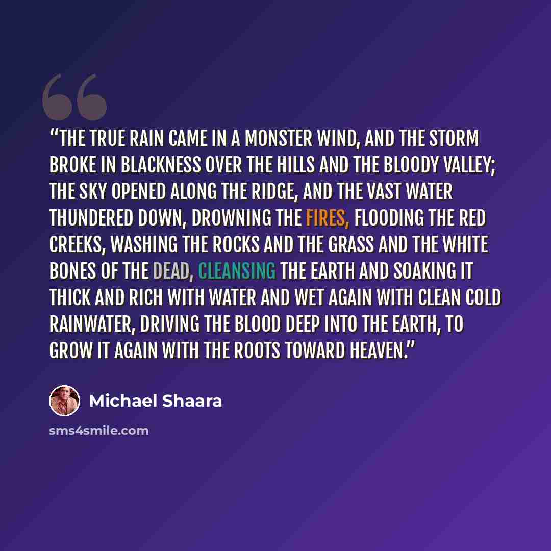 “The true rain came in a monster wind, and the storm broke in blackness over the hills and the bloody valley; the sky opened along the ridge, and the vast water thundered down, drowning the fires, flooding the red creeks, washing the rocks and the grass and the white bones of the dead, cleansing…” quote by Michael Shaara