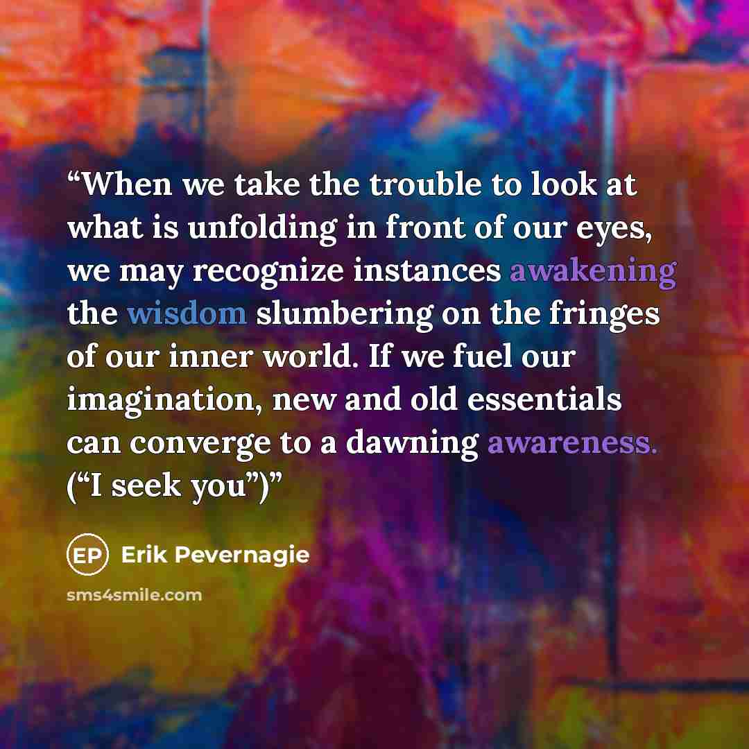 “When we take the trouble to look at what is unfolding in front of our eyes, we may recognize instances awakening the wisdom slumbering on the fringes of our inner world. If we fuel our imagination, new and old essentials can converge to a dawning awareness. (“I seek you”)” quote by Erik Pevernagie