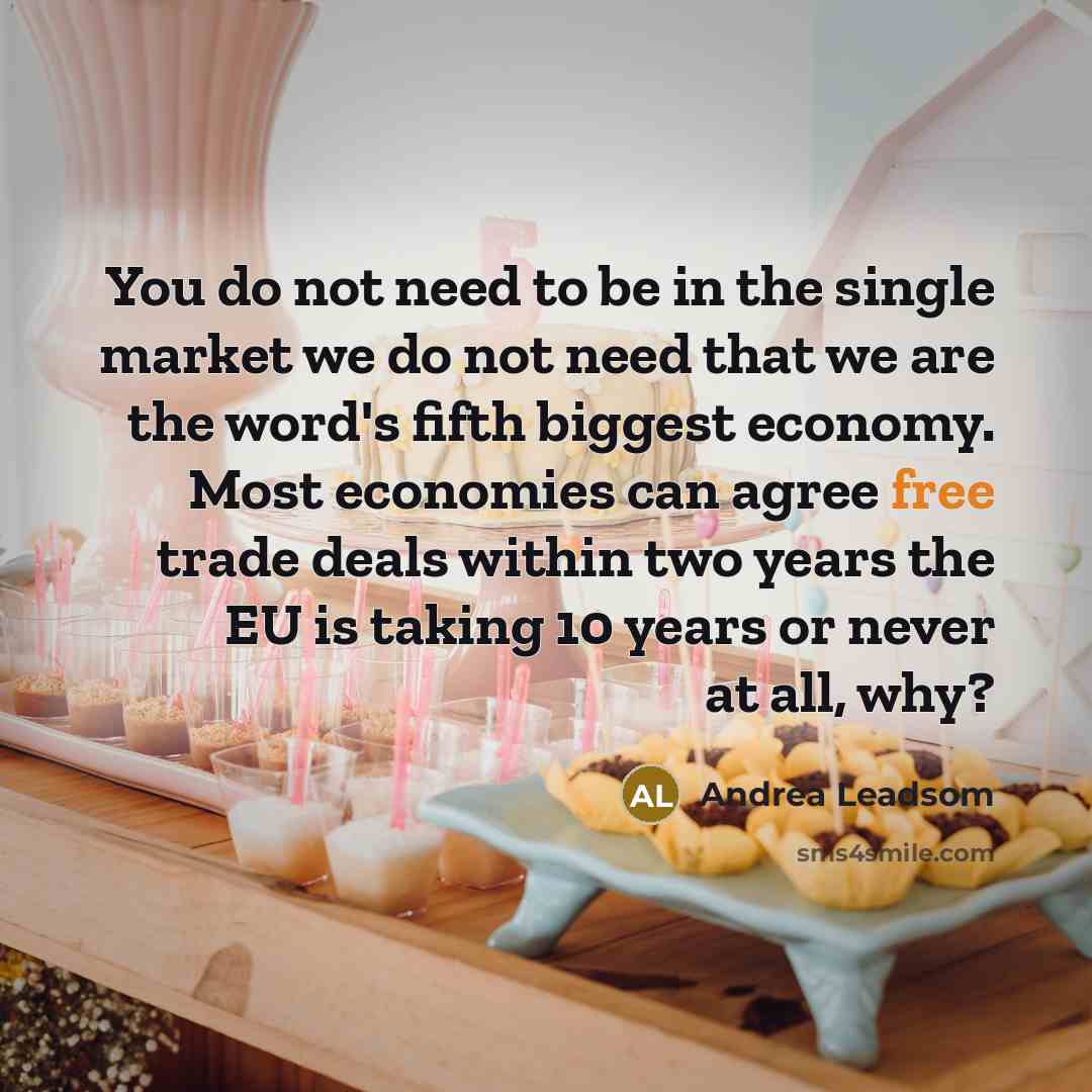 “You do not need to be in the single market we do not need that we are the word's fifth biggest economy. Most economies can agree free trade deals within two years the EU is taking 10 years or never at all, why?” quote by Andrea Leadsom