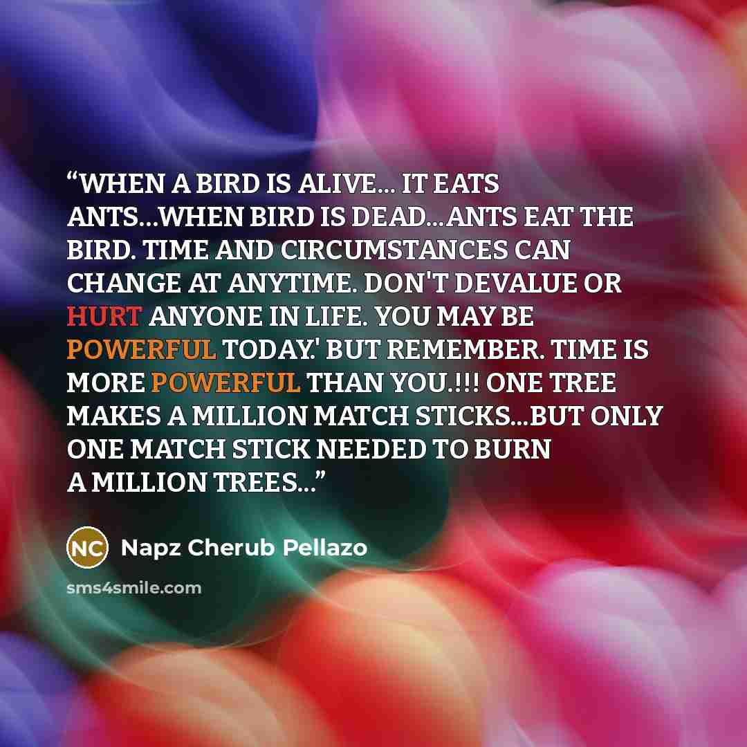 “WHEN A BIRD IS ALIVE... IT EATS ANTS…WHEN BIRD IS DEAD...ANTS EAT THE BIRD. TIME AND CIRCUMSTANCES CAN CHANGE AT ANYTIME. DON'T DEVALUE OR HURT ANYONE IN LIFE. YOU MAY BE POWERFUL TODAY.' BUT REMEMBER. TIME IS MORE POWERFUL THAN YOU.!!! ONE TREE MAKES A MILLION MATCH STICKS...BUT ONLY ONE MATCH…” quote by Napz Cherub Pellazo