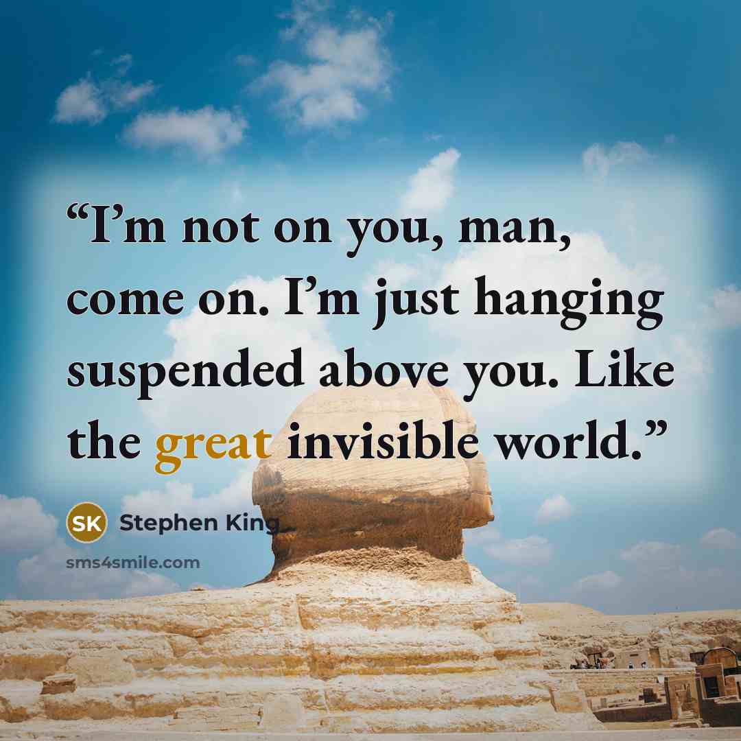 “I’m not on you, man, come on. I’m just hanging suspended above you. Like the great invisible world.” quote by Stephen King