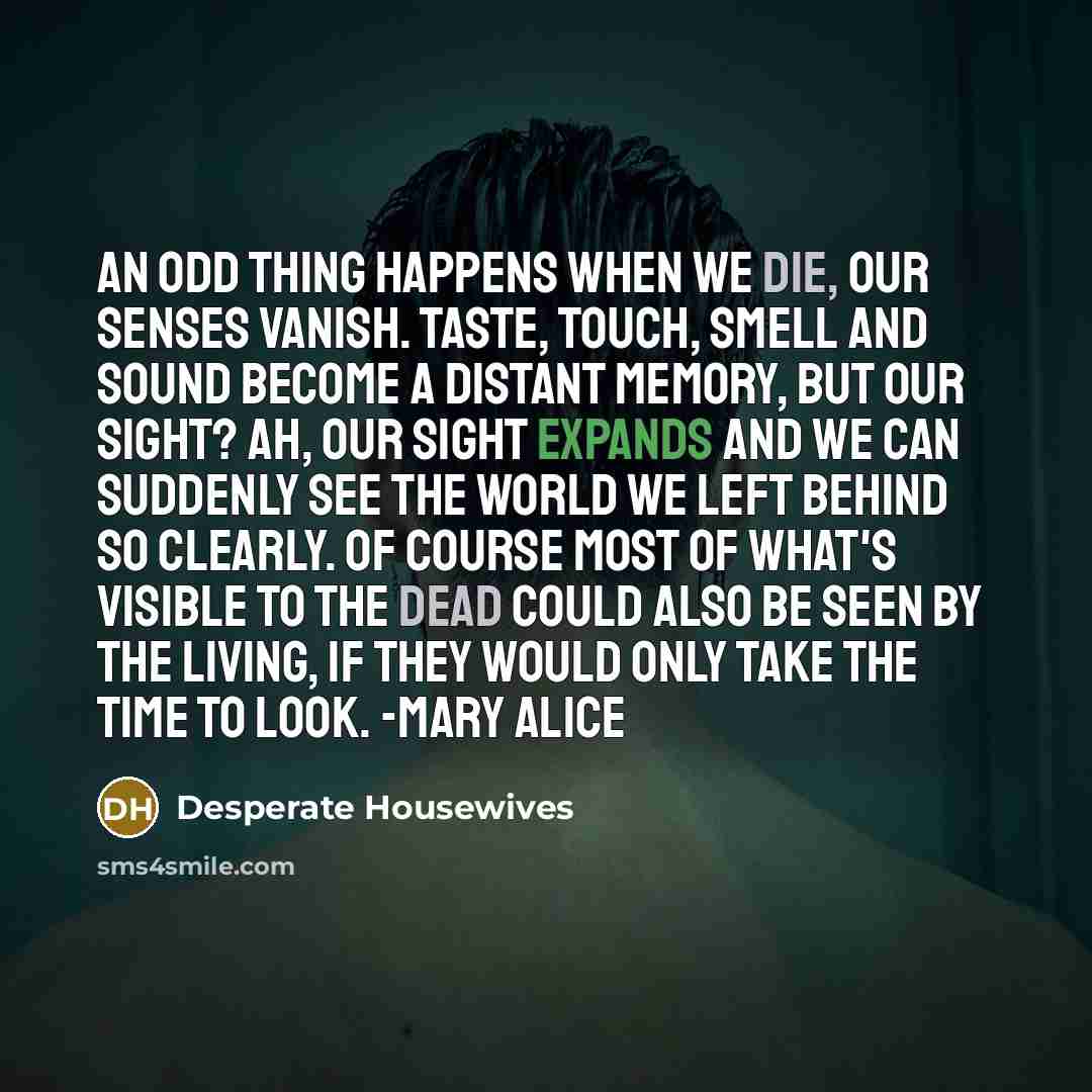“An odd thing happens when we die, our senses vanish. Taste, touch, smell and sound become a distant memory, but our sight? Ah, our sight expands and we can suddenly see the world we left behind so clearly. Of course most of what's visible to the dead could also be seen by the living, if they would…” quote by Desperate Housewives