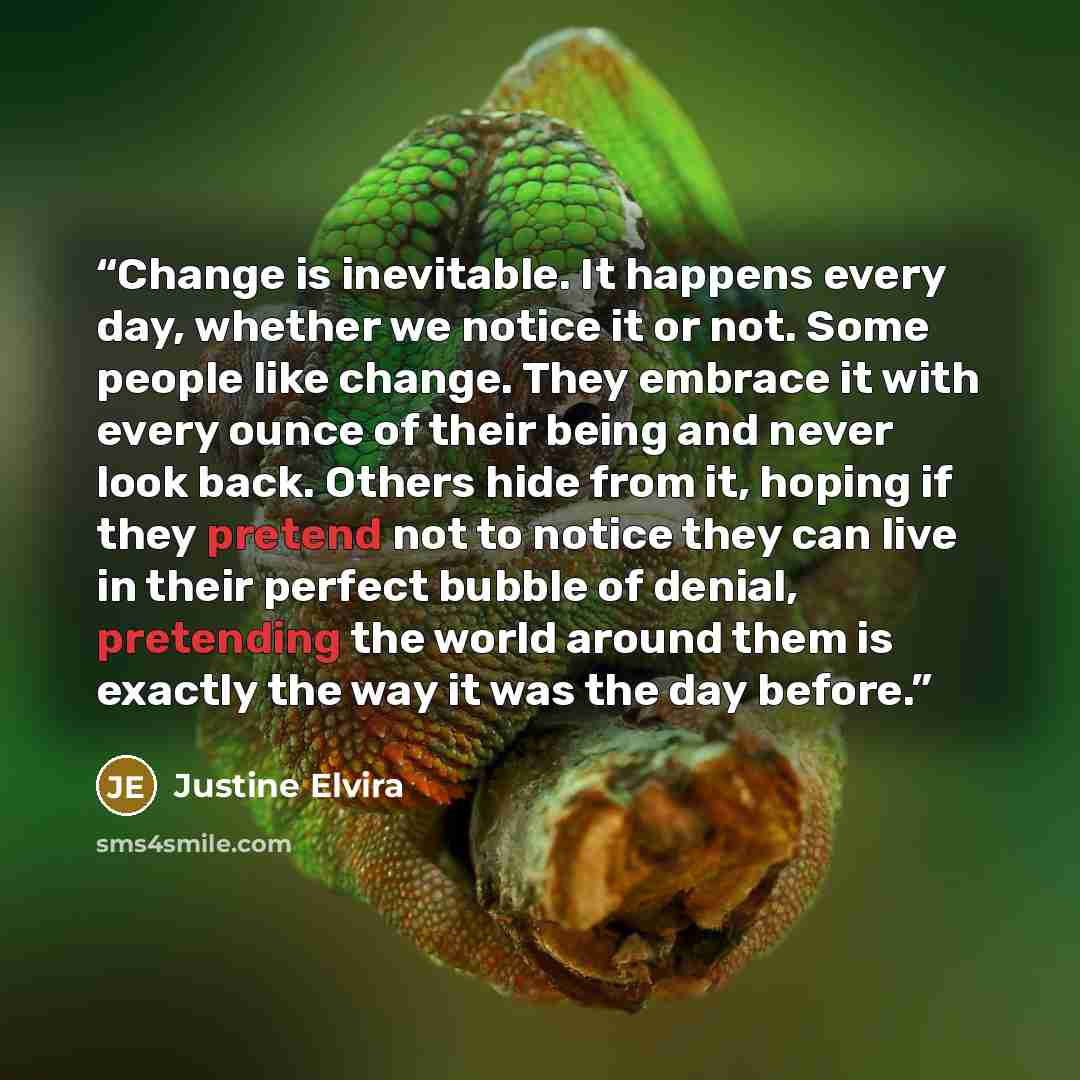 “Change is inevitable. It happens every day, whether we notice it or not. Some people like change. They embrace it with every ounce of their being and never look back. Others hide from it, hoping if they pretend not to notice they can live in their perfect bubble of denial, pretending the world…” quote by Justine Elvira