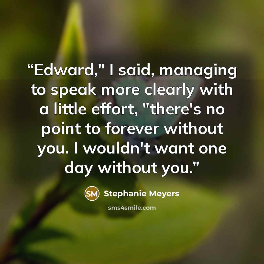 “Edward," I said, managing to speak more clearly with a little effort, "there's no point to forever without you. I wouldn't want one day without you.” quote by Stephanie Meyers