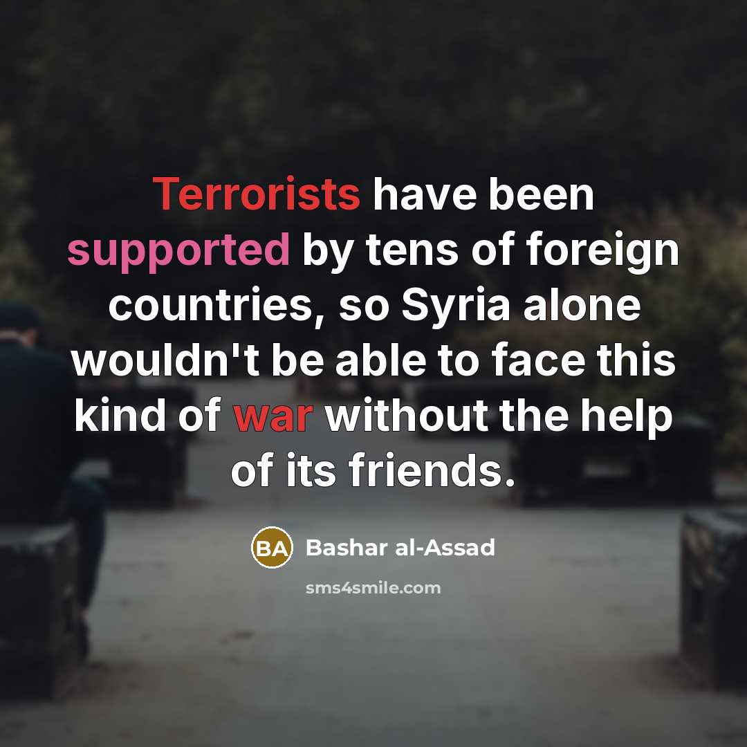 “Terrorists have been supported by tens of foreign countries, so Syria alone wouldn't be able to face this kind of war without the help of its friends.” quote by Bashar al-Assad