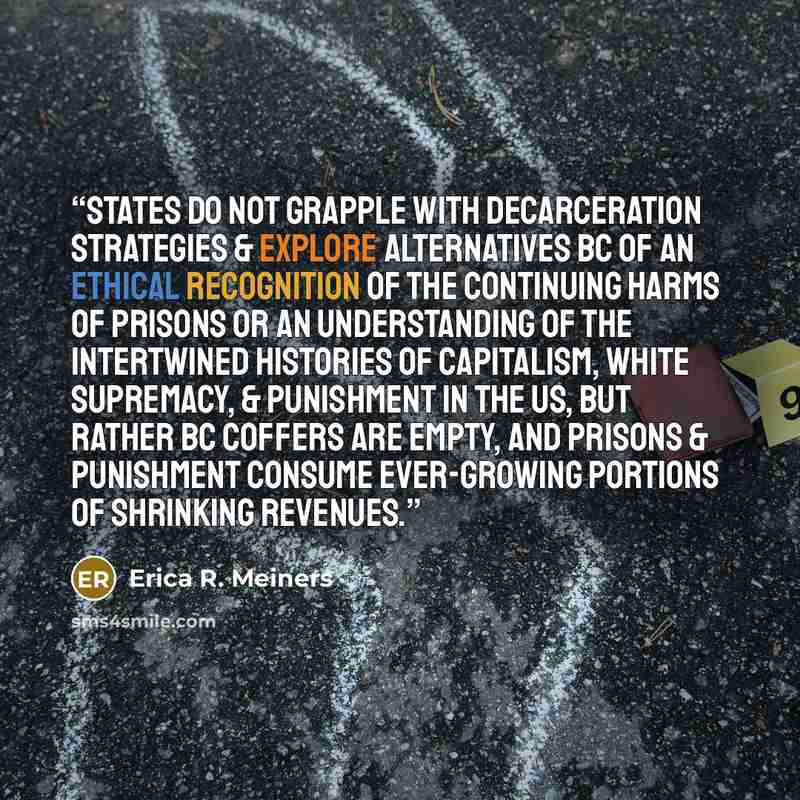 “States do not grapple with decarceration strategies & explore alternatives bc of an ethical recognition of the continuing harms of prisons or an understanding of the intertwined histories of capitalism, white supremacy, & punishment in the US, but rather bc coffers are empty, and prisons &…” quote by Erica R. Meiners