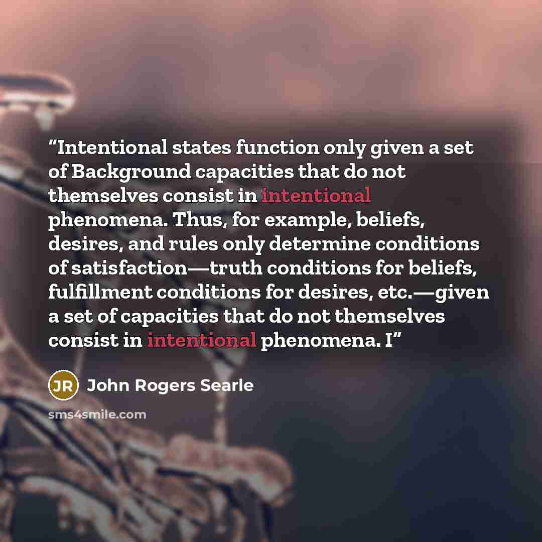 “Intentional states function only given a set of Background capacities that do not themselves consist in intentional phenomena. Thus, for example, beliefs, desires, and rules only determine conditions of satisfaction—truth conditions for beliefs, fulfillment conditions for desires, etc.—given a set…” quote by John Rogers Searle