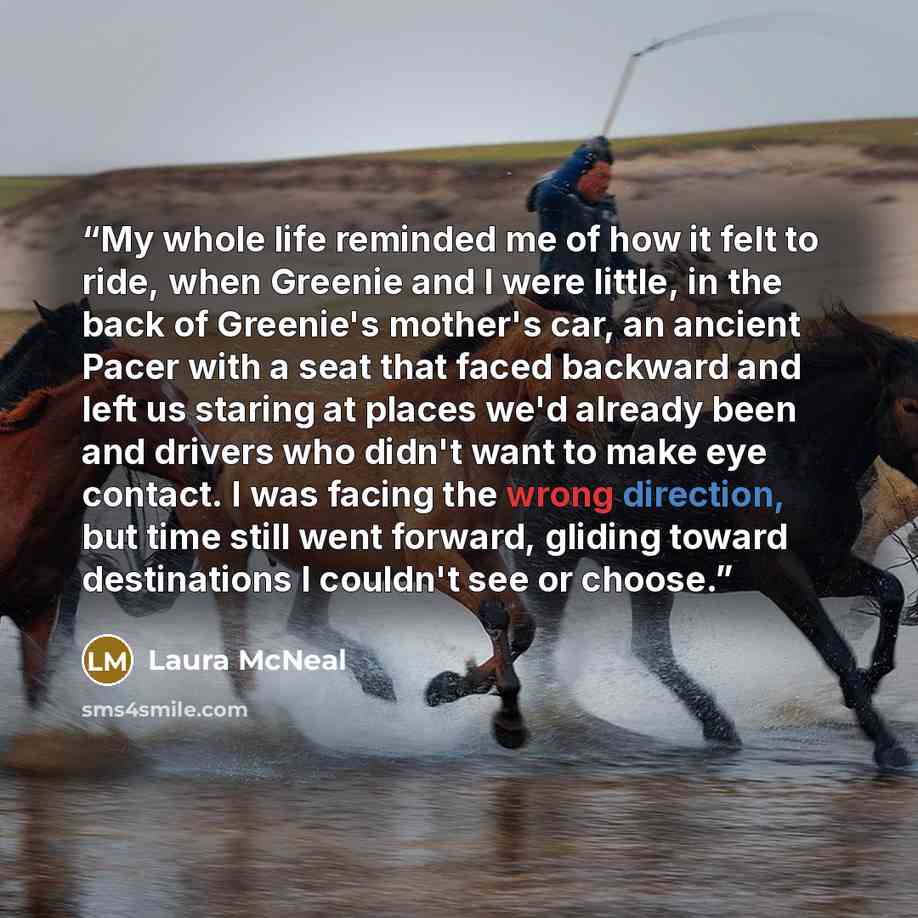 “My whole life reminded me of how it felt to ride, when Greenie and I were little, in the back of Greenie's mother's car, an ancient Pacer with a seat that faced backward and left us staring at places we'd already been and drivers who didn't want to make eye contact. I was facing the wrong…” quote by Laura McNeal