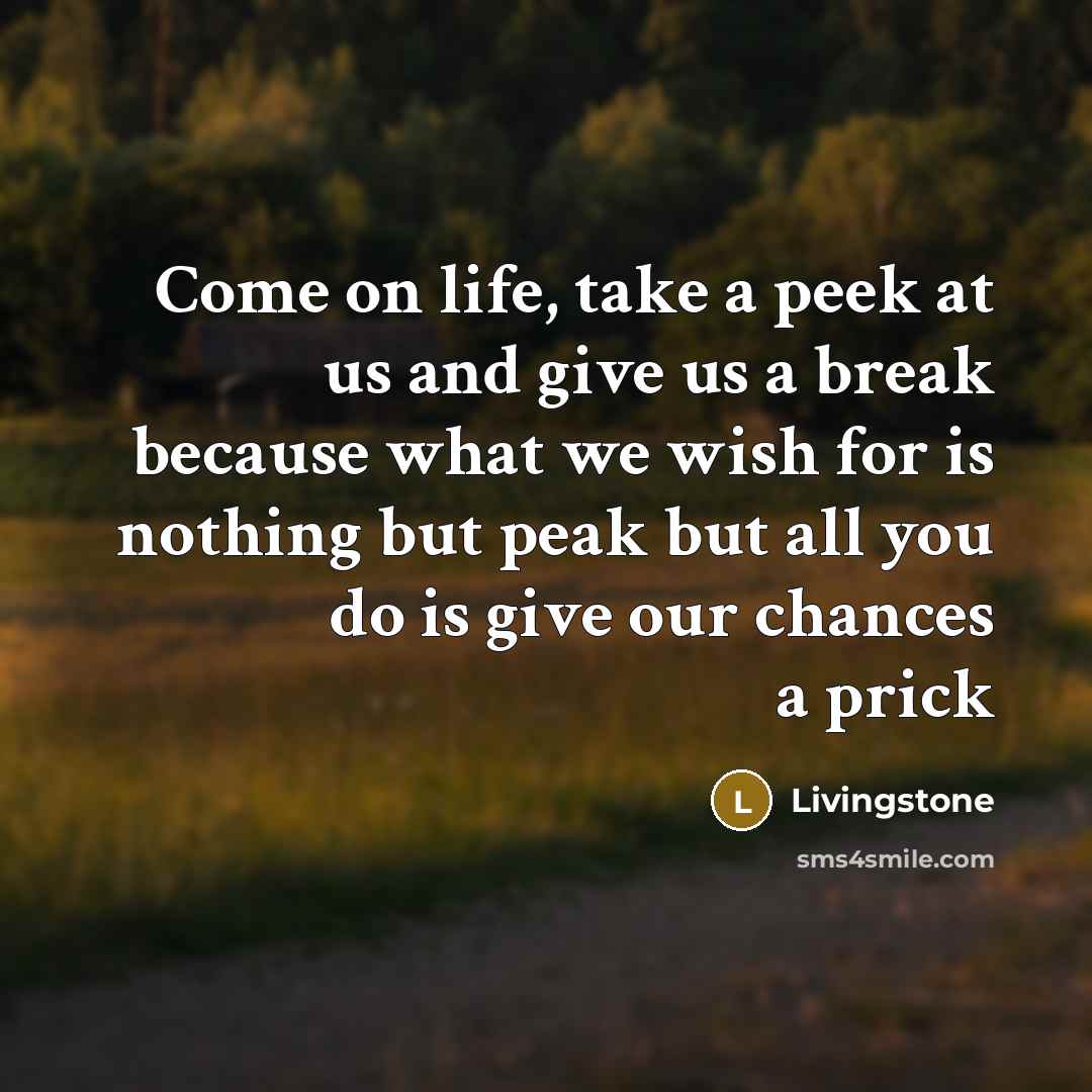 “Come on life, take a peek at us and give us a break because what we wish for is nothing but peak but all you do is give our chances a prick” quote by Livingstone