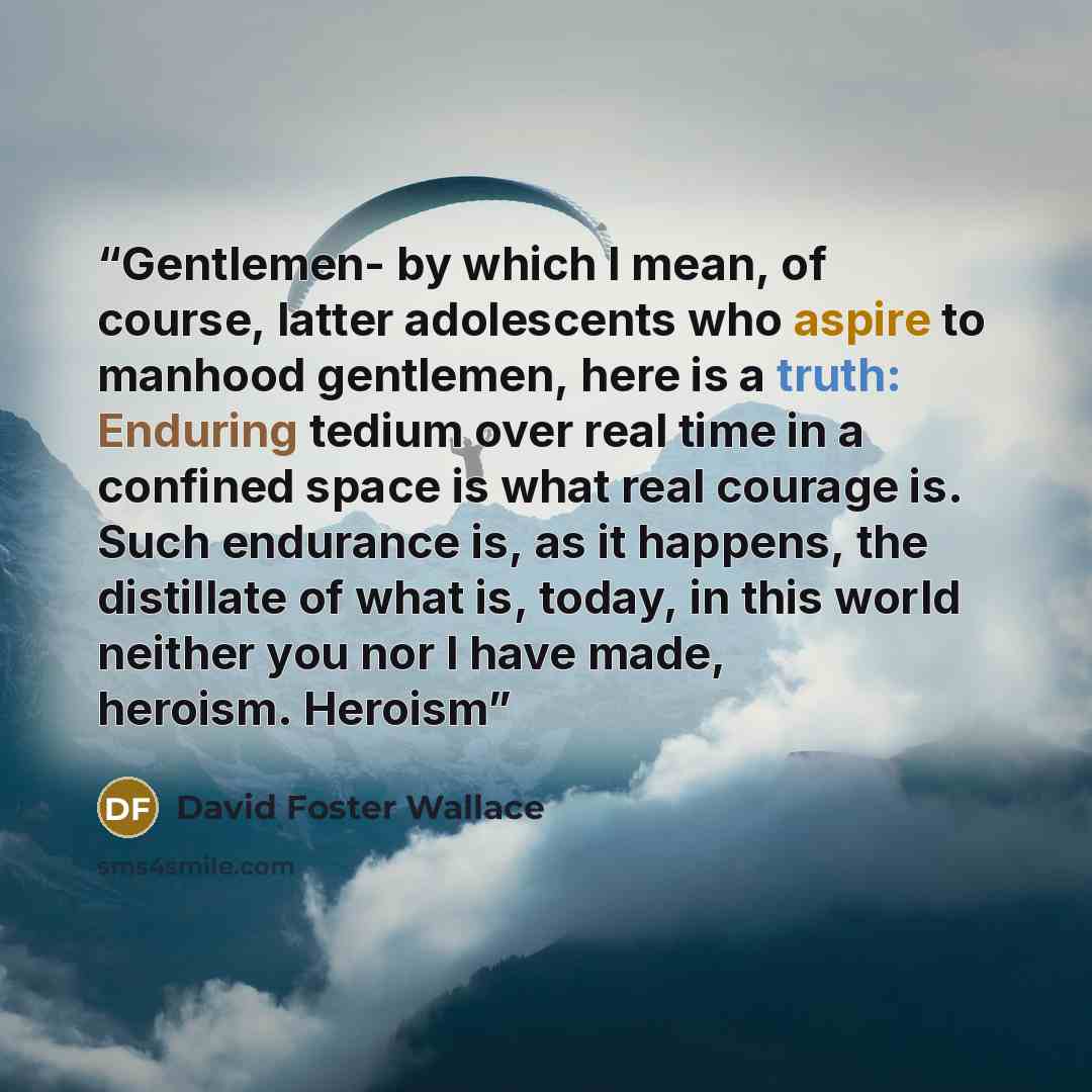 “Gentlemen- by which I mean, of course, latter adolescents who aspire to manhood gentlemen, here is a truth: Enduring tedium over real time in a confined space is what real courage is. Such endurance is, as it happens, the distillate of what is, today, in this world neither you nor I have made…” quote by David Foster Wallace