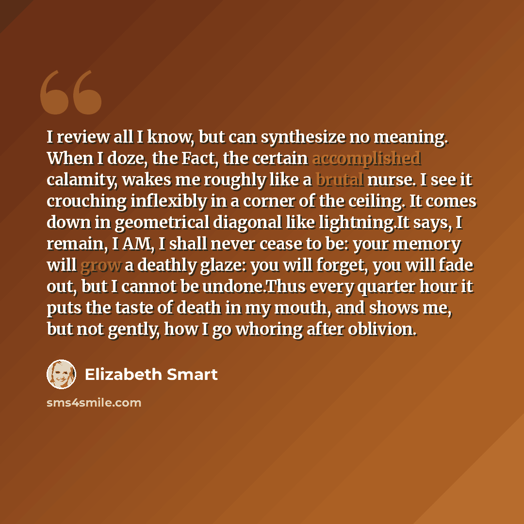 “I review all I know, but can synthesize no meaning. When I doze, the Fact, the certain accomplished calamity, wakes me roughly like a brutal nurse. I see it crouching inflexibly in a corner of the ceiling. It comes down in geometrical diagonal like lightning.It says, I remain, I AM, I shall never…” quote by Elizabeth Smart