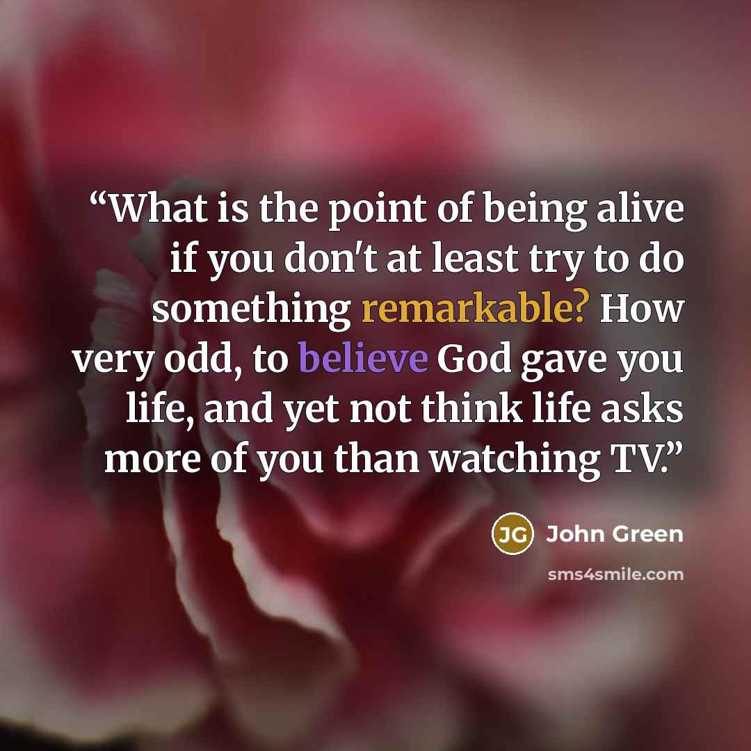 “What is the point of being alive if you don't at least try to do something remarkable? How very odd, to believe God gave you life, and yet not think life asks more of you than watching TV.” quote by John Green