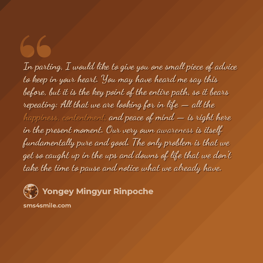 “In parting, I would like to give you one small piece of advice to keep in your heart. You may have heard me say this before, but it is the key point of the entire path, so it bears repeating: All that we are looking for in life — all the happiness, contentment, and peace of mind — is right here in…” quote by Yongey Mingyur Rinpoche