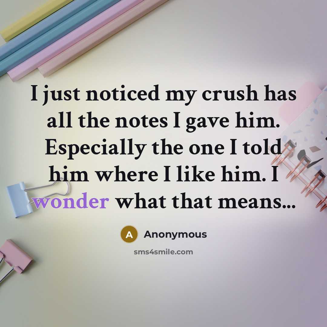 “I just noticed my crush has all the notes I gave him. Especially the one I told him where I like him. I wonder what that means...” quote by Anonymous