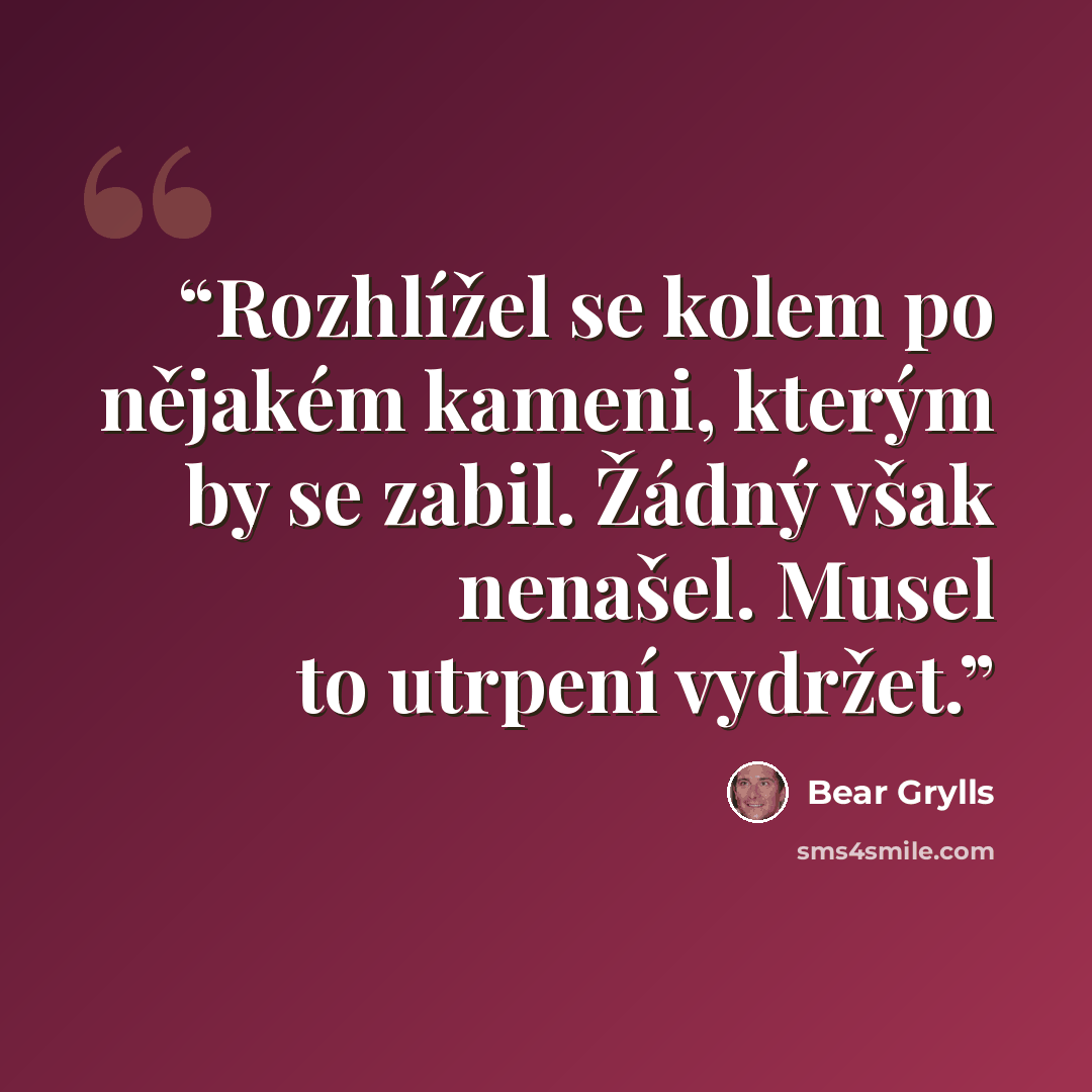 “Rozhlížel se kolem po nějakém kameni, kterým by se zabil. Žádný však nenašel. Musel to utrpení vydržet.” quote by Bear Grylls