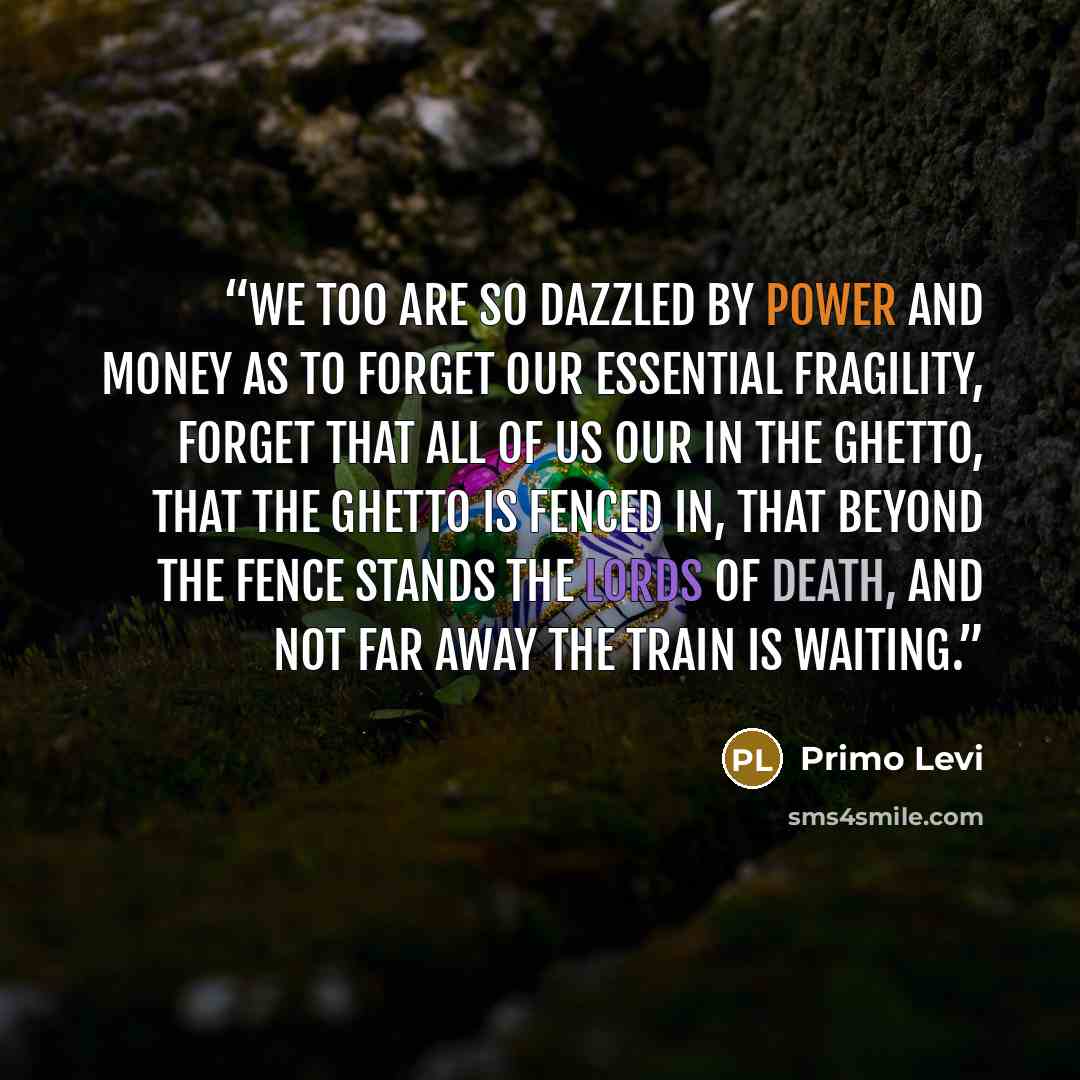 “We too are so dazzled by power and money as to forget our essential fragility, forget that all of us our in the ghetto, that the ghetto is fenced in, that beyond the fence stands the lords of death, and not far away the train is waiting.” quote by Primo Levi