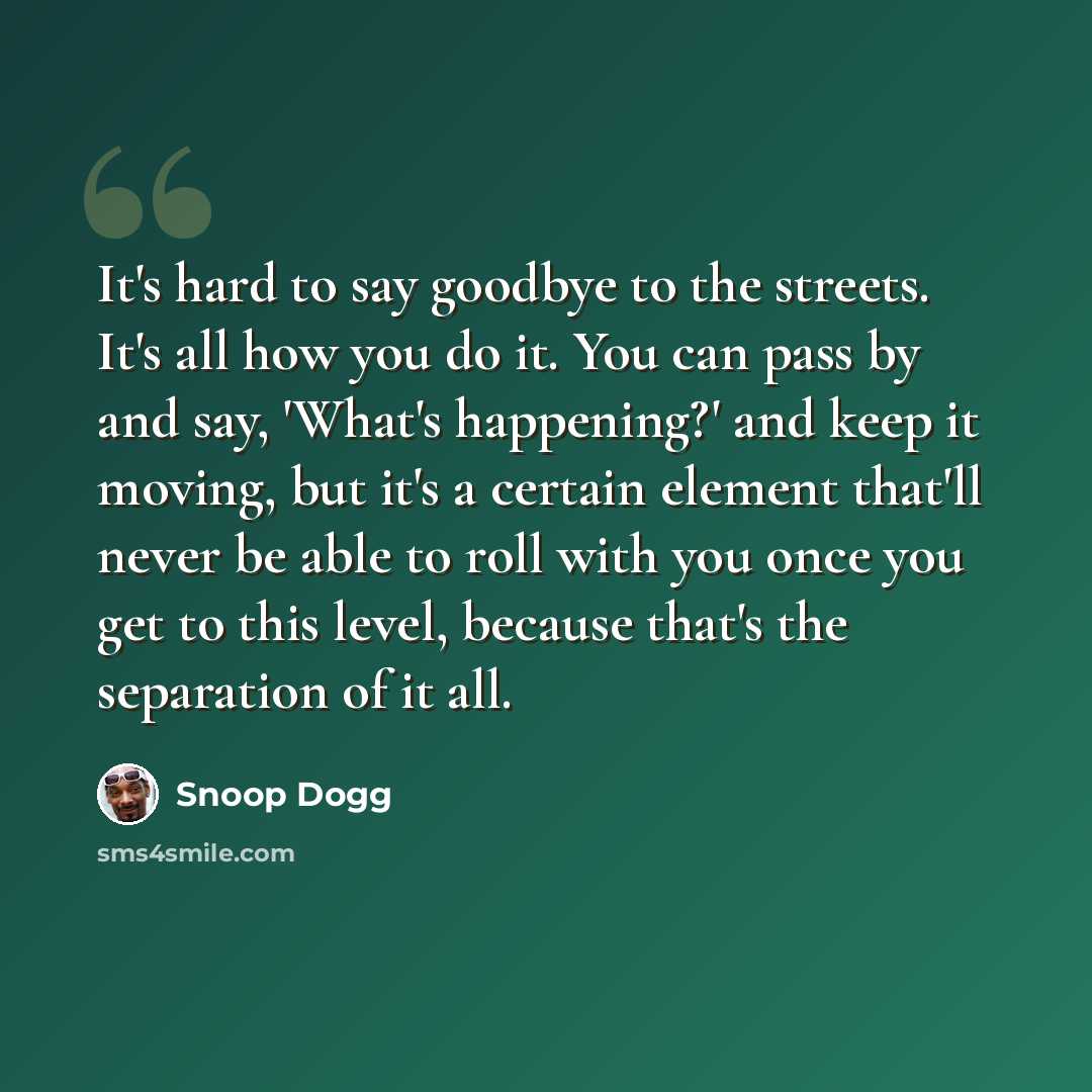 “It's hard to say goodbye to the streets. It's all how you do it. You can pass by and say, 'What's happening?' and keep it moving, but it's a certain element that'll never be able to roll with you once you get to this level, because that's the separation of it all.” quote by Snoop Dogg