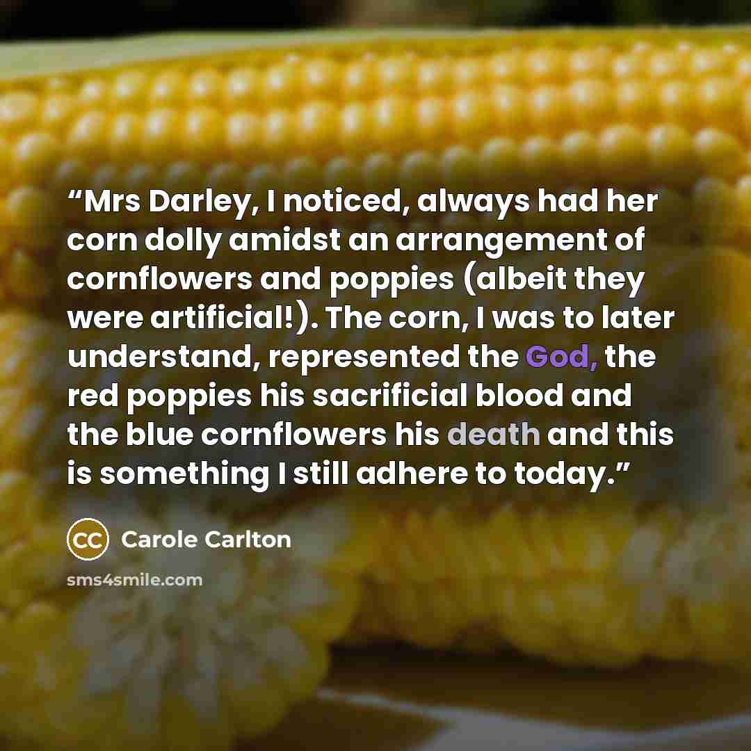 “Mrs Darley, I noticed, always had her corn dolly amidst an arrangement of cornflowers and poppies (albeit they were artificial!). The corn, I was to later understand, represented the God, the red poppies his sacrificial blood and the blue cornflowers his death and this is something I still adhere…” quote by Carole Carlton