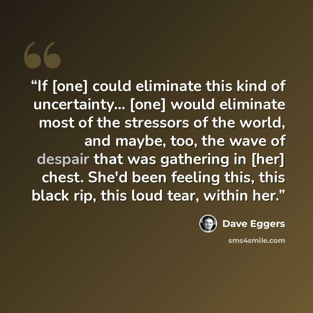“If [one] could eliminate this kind of uncertainty... [one] would eliminate most of the stressors of the world, and maybe, too, the wave of despair that was gathering in [her] chest. She'd been feeling this, this black rip, this loud tear, within her.” quote by Dave Eggers
